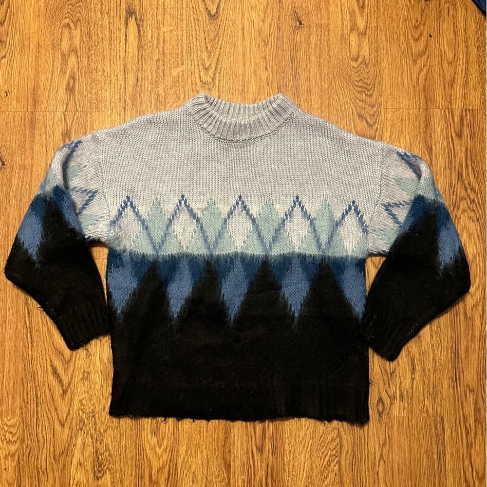 Moussy Blue Geometric Zig zag Crewneck Long sleeve sweater One Size Wool blend